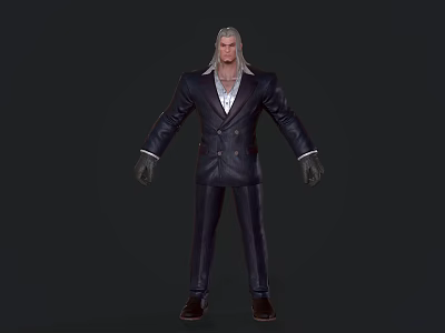 Game Movie Character With Silver Long Hair Black Suit White Shirt And Gloves 3d model