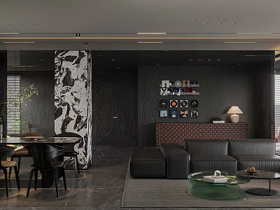 Modern Dark Tone Living And Dining Room With Elegant Marble Accent And Luxury Furnishings 3d model