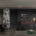 Modern Dark Tone Living And Dining Room With Elegant Marble Accent And Luxury Furnishings