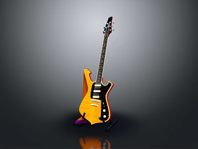 Yellow Electric Guitar With Black Neck Strings And Pickups On Stand Against Gray Gradient Background 3d model