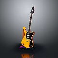 Yellow Electric Guitar With Black Neck Strings And Pickups On Stand Against Gray Gradient Background