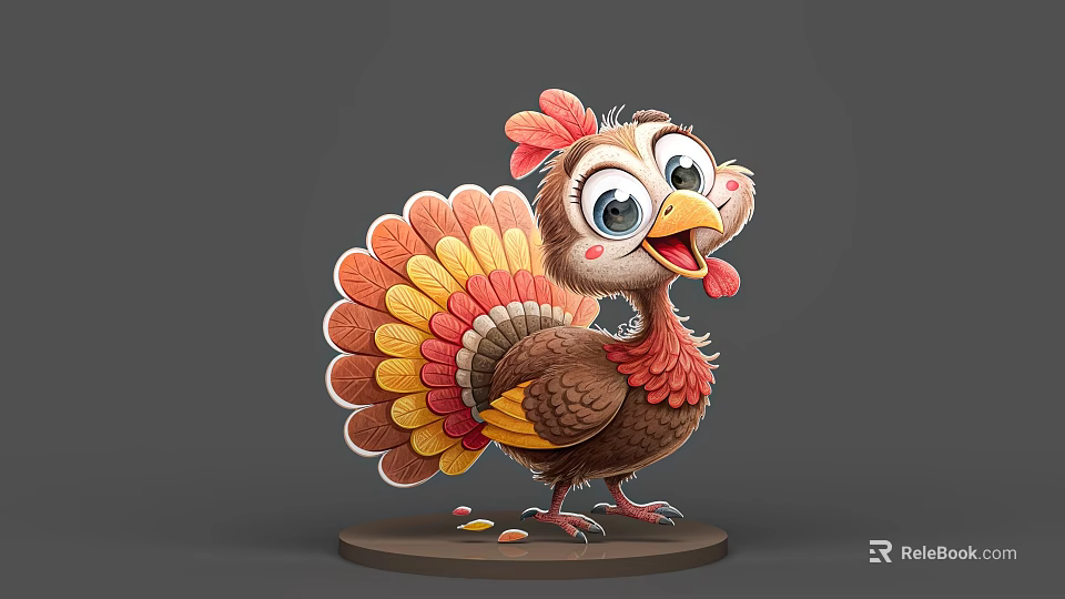 Cute Cartoon Turkey With Brown Body Colorful Feathers Big Eyes Standing On Round Base 3d model 