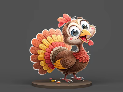Cute Cartoon Turkey With Brown Body Colorful Feathers Big Eyes Standing On Round Base 3d model