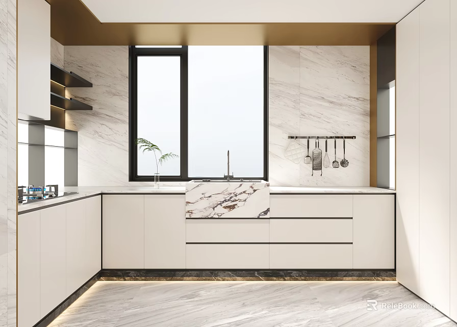Modern Luxury Kitchen Interior With White Cabinets Marble Island Counter And Gold Accents 3d model 