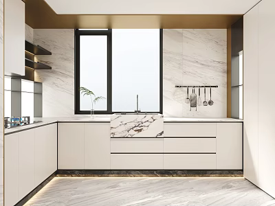 Modern Luxury Kitchen Interior With White Cabinets Marble Island Counter And Gold Accents 3d model