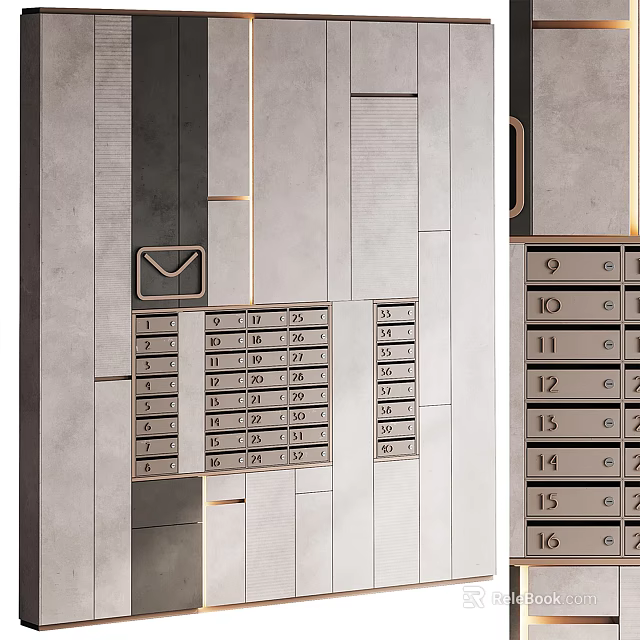 Modern Mailbox Cabinet Design With Numbered Compartments And Metallic Finish 3d model