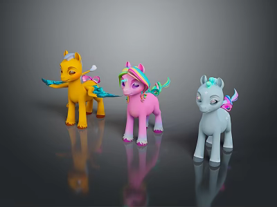 Colorful Cartoon Pony Toys With Rainbow Manes Wings And Yellow Pink Blue Colors 3d model