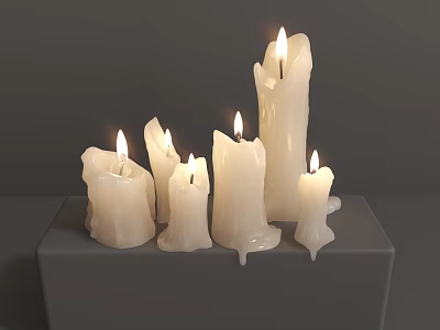 Burning White Candle Lamps With Various Shapes And Sizes On Gray Cube 3d model