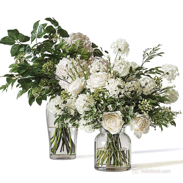 White Roses and Hydrangeas in Glass Vases with Green Leaves and Branches 3d model 