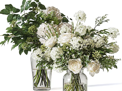 White Roses and Hydrangeas in Glass Vases with Green Leaves and Branches 3d model