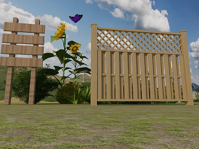Wooden Lattice Fence With Sunflowers And Butterfly In Grass Field Under Blue Sky 3d model