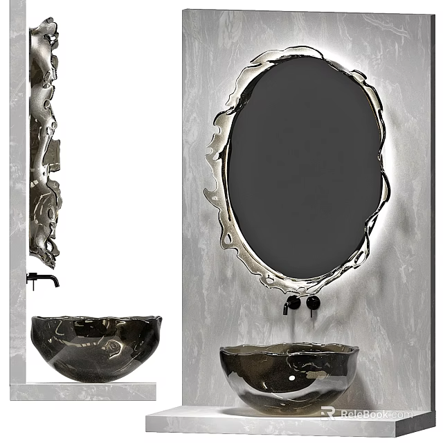 Elegant Modern Washbasin with Oval Decorative Mirror and Metal Bowl on Textured Wall 3d model 