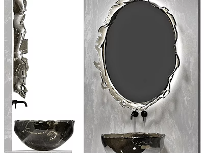Elegant Modern Washbasin with Oval Decorative Mirror and Metal Bowl on Textured Wall 3d model