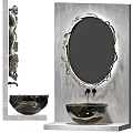 Elegant Modern Washbasin with Oval Decorative Mirror and Metal Bowl on Textured Wall