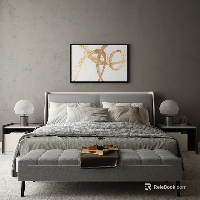 Modern Double Bed Interior Design With Upholstered Headboard Nightstands And Wall Art 3d model 