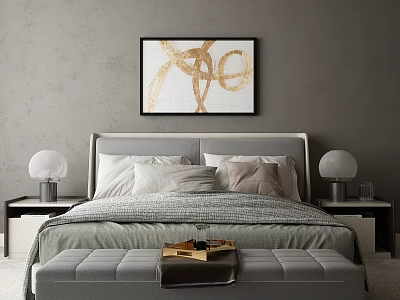 Modern Double Bed Interior Design With Upholstered Headboard Nightstands And Wall Art 3d model