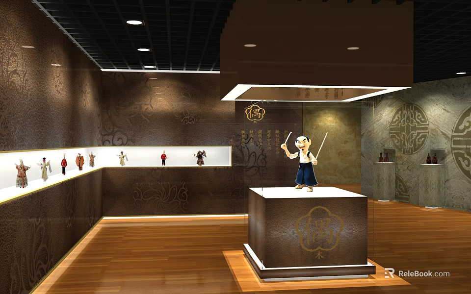 Cultural Center Showcasing Traditional Statues in Glass Cases with Decorative Walls and Wooden Floors 3d model 