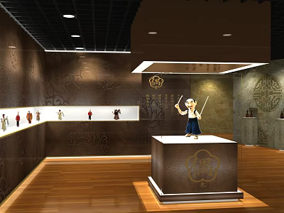 Cultural Center Showcasing Traditional Statues in Glass Cases with Decorative Walls and Wooden Floors 3d model