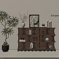 Entryway Wooden Decorative Cabinet With Shelves Books Decorations And Potted Plant