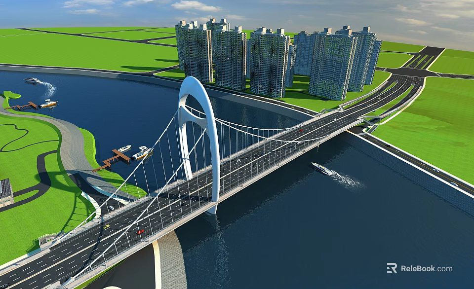 Modern Arch Bridge Across River With High Rise Buildings And Urban Scenery 3d model 