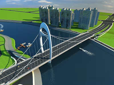 Modern Arch Bridge Across River With High Rise Buildings And Urban Scenery 3d model