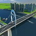 Modern Arch Bridge Across River With High Rise Buildings And Urban Scenery