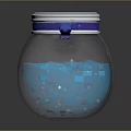 Transparent Round Spherical Glass Jar With Blue Liquid Silver Lid And Purple Ribbon