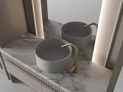 Elegant Modern Double Washbasins With Marble Countertop Golden Faucets And Mirror Lighting 3d model