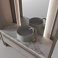Elegant Modern Double Washbasins With Marble Countertop Golden Faucets And Mirror Lighting