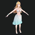 Woman With Blonde Hair White Top Blue White Gradient Skirt Arms Outstretched Black Background