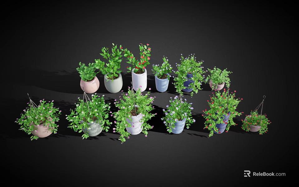 Colorful Potted Plants with Green Foliage for Home Decor Hanging and Tabletop 3d model 