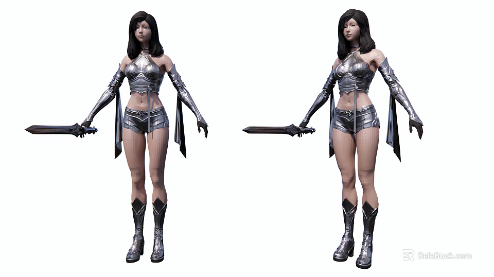 Detailed Game Movie Female Warrior Character In Silver Armor Holding Sword With Dual Poses 3d model 