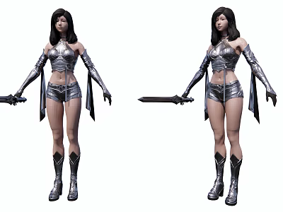 Detailed Game Movie Female Warrior Character In Silver Armor Holding Sword With Dual Poses 3d model