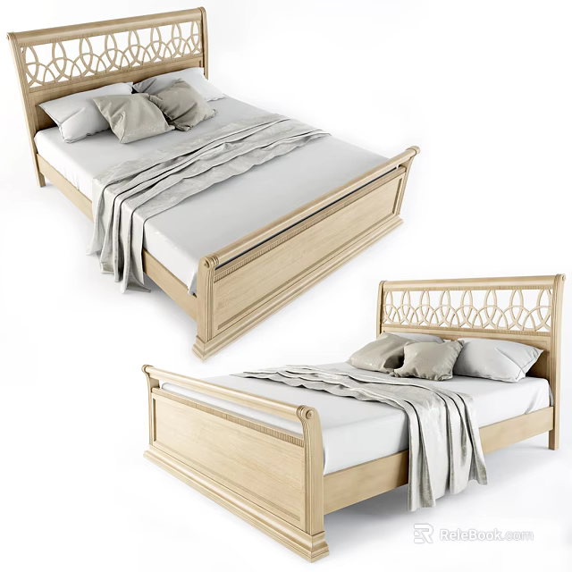 Wooden Double Bed with Carved Headboard White Sheets Gray Blanket and Pillows 3d model 