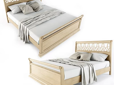 Wooden Double Bed with Carved Headboard White Sheets Gray Blanket and Pillows 3d model