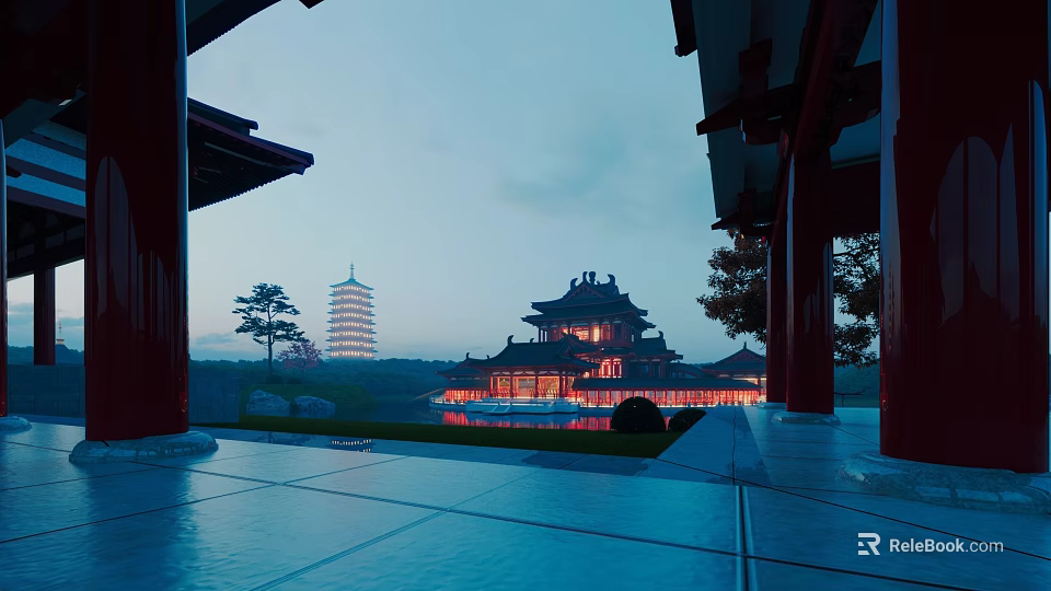 Traditional Ancient Chinese Architecture With Illuminated Pagoda Courtyard And Water Reflection 3d model 