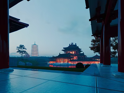 Traditional Ancient Chinese Architecture With Illuminated Pagoda Courtyard And Water Reflection 3d model