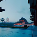 Traditional Ancient Chinese Architecture With Illuminated Pagoda Courtyard And Water Reflection