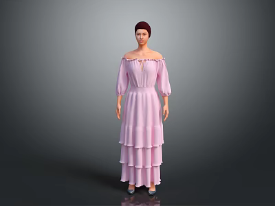 Elegant Female 3D Character Model With Pink Off Shoulder Layered Long Dress Design 3d model