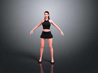 Woman In Black Top And Short Skirt Standing With Arms Outstretched On Gray Background 3d model
