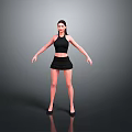 Woman In Black Top And Short Skirt Standing With Arms Outstretched On Gray Background