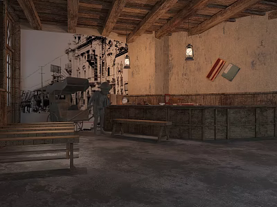Vintage Bar Interior with Wooden Beam Ceiling Rustic Walls Old Painting Long Wooden Counter Benches 3d model