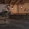 Vintage Bar Interior with Wooden Beam Ceiling Rustic Walls Old Painting Long Wooden Counter Benches