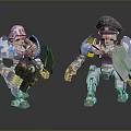 Game Movie Characters Two Mechanical Robots With Camouflage Design Helmet Military Cap Shields And Weapons