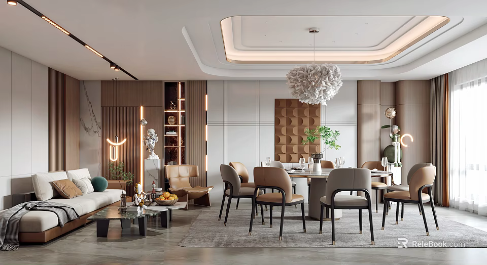 Modern Elegant Private Dining Box Interior With Sofa Dining Table Pendant Light And Green Plant 3d model