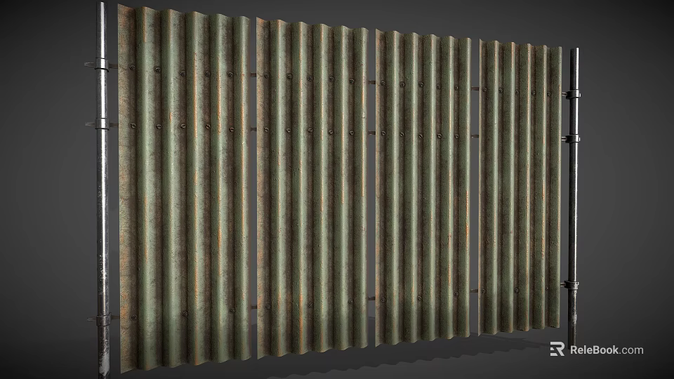Rustic Corrugated Metal Fence With Vertical Metal Sheets And Metal Frames 3d model 