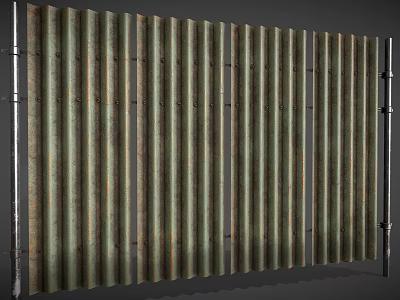 Rustic Corrugated Metal Fence With Vertical Metal Sheets And Metal Frames 3d model