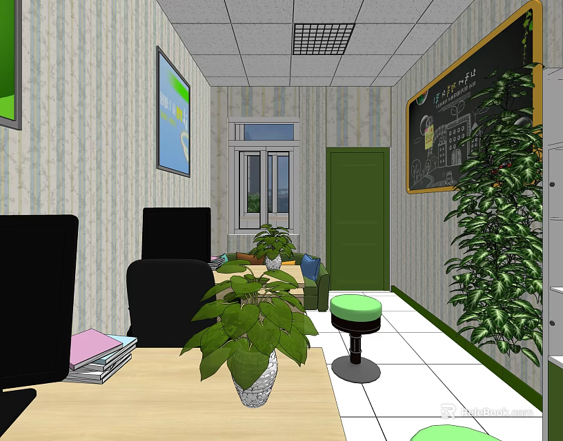 Indoor Workspace With Desk Chairs Green Door Blackboard Striped Wallpaper And Potted Plants 3d model 
