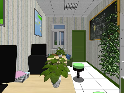 Indoor Workspace With Desk Chairs Green Door Blackboard Striped Wallpaper And Potted Plants 3d model