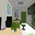 Indoor Workspace With Desk Chairs Green Door Blackboard Striped Wallpaper And Potted Plants